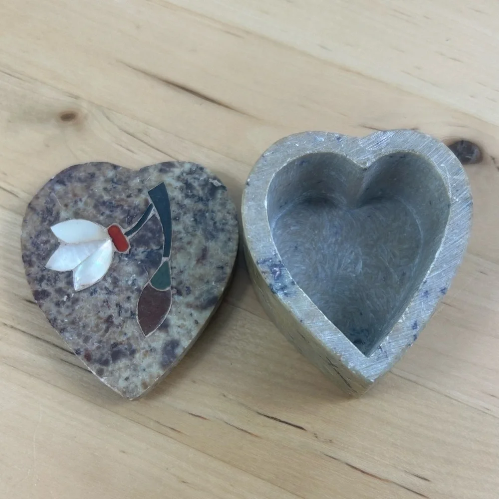 Vintage Soapstone Heart Mother-of-Pearl Abalone Inlay Heart Trinket Jewel Holder